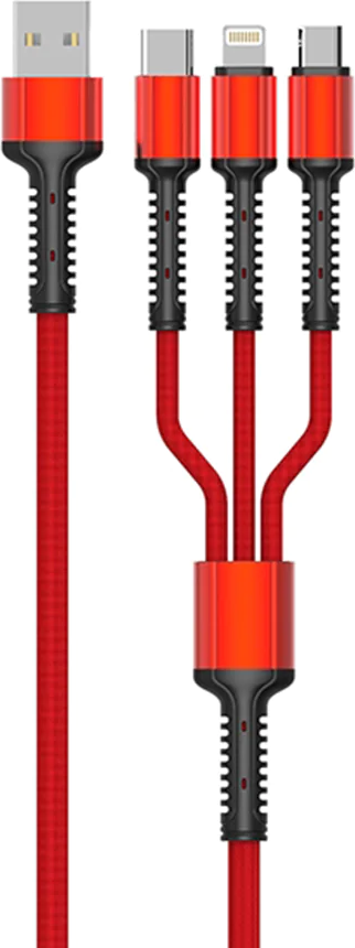 LDNIO LC93 3-in-1 Multi-Charging Cable USB-A to Lightning, Type-C and Micro-USB Fast Charging 3.4A 1.2m Red