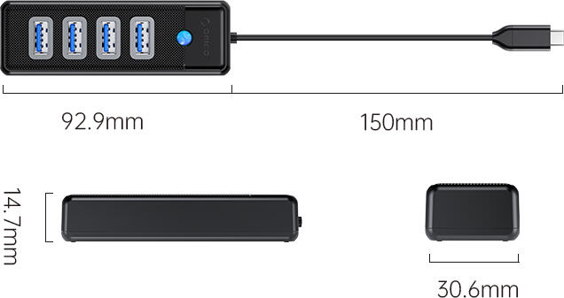 ORICO PW4U USB 3.0 Hub, 4-Port USB Type-A Expander, 5 Gbps Data Transfer Rate, Carbon Fiber Texture, LED Indicator, Black, 150mm Cable