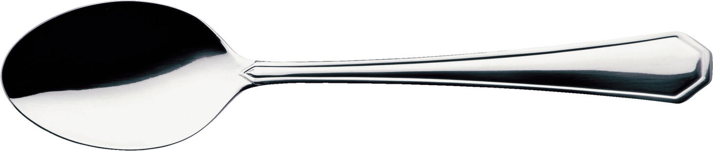 VEGA LUSINI Solutions GmbH Starter/Dessert spoon Tunis Vorspeisen-/Dessertlöffel Tunis Starter/Dessert spoon Tunis; 18 cm (L); silver, handle silver; 12 piece / pack Vorspeisen-/Dessertlöffel Tunis; 18 cm (L); silber, Griff silber; 12 Stück / Pack Chrome-nickel stainless steel 18/10, rustproof. Classic starter/dessert spoon with delicate relief. Mirror polished. Material thickness 2.5 mm (measured at the thickest point of the table fork). Dishwasher safe. Chrom-Nickel-Edelstahl 18/10, rostfrei. Klassischer Vorspeisen-/Dessertlöffel mit zartem Relief. Hochglanzpoliert. Gastronomiegerechte Materialstärke 2,5 mm (gemessen an der stärksten Stelle der Menügabel). Spülmaschinenfest.