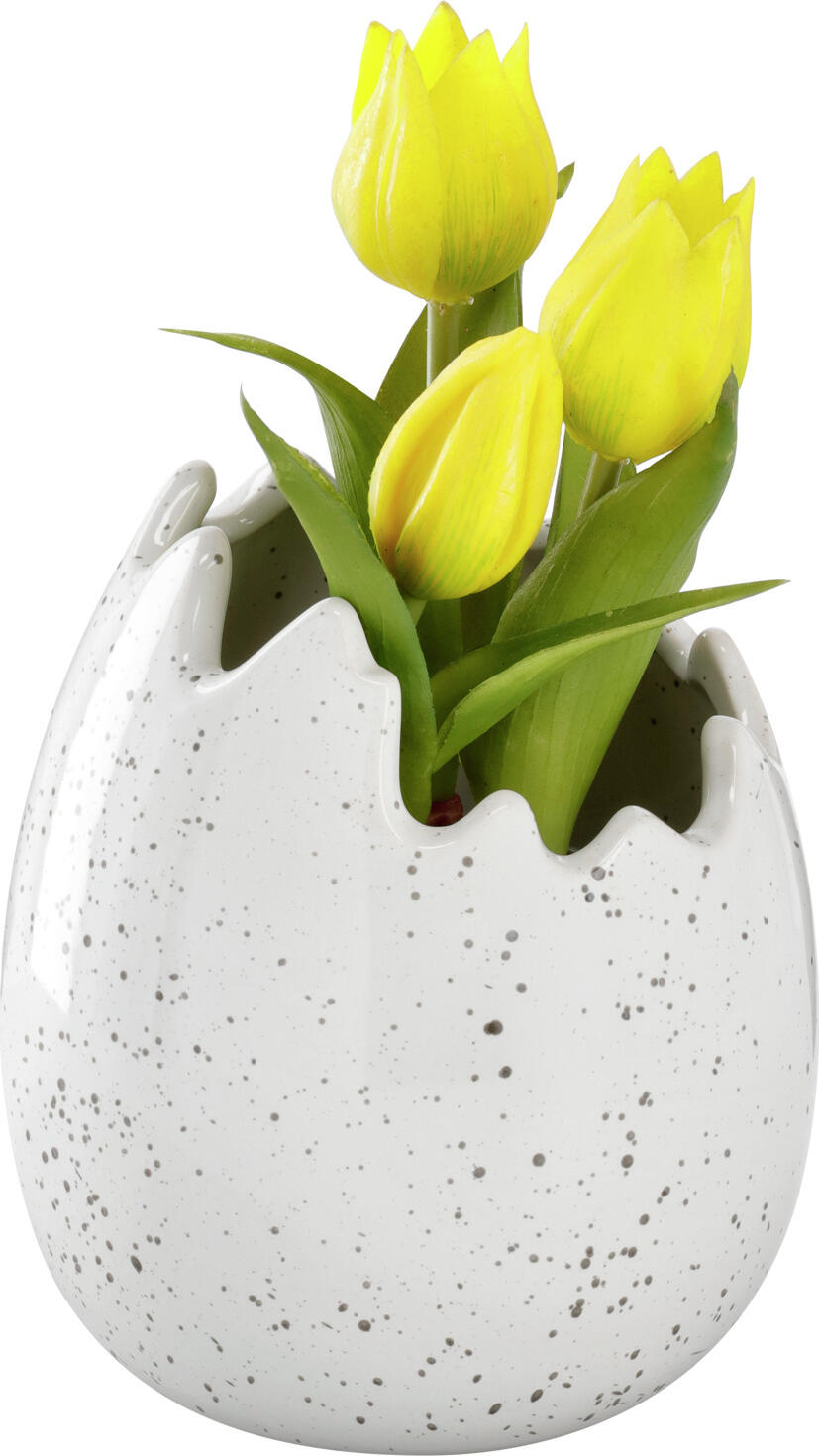 Vega Baltus Decorative Half-Open Easter Egg, Speckled Cream White Ceramic Figure and Artificial Plant Holder, 12.5 x 14.5 cm