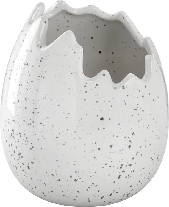 Vega Baltus Decorative Half-Open Easter Egg, Speckled Cream White Ceramic Figure and Artificial Plant Holder, 12.5 x 14.5 cm