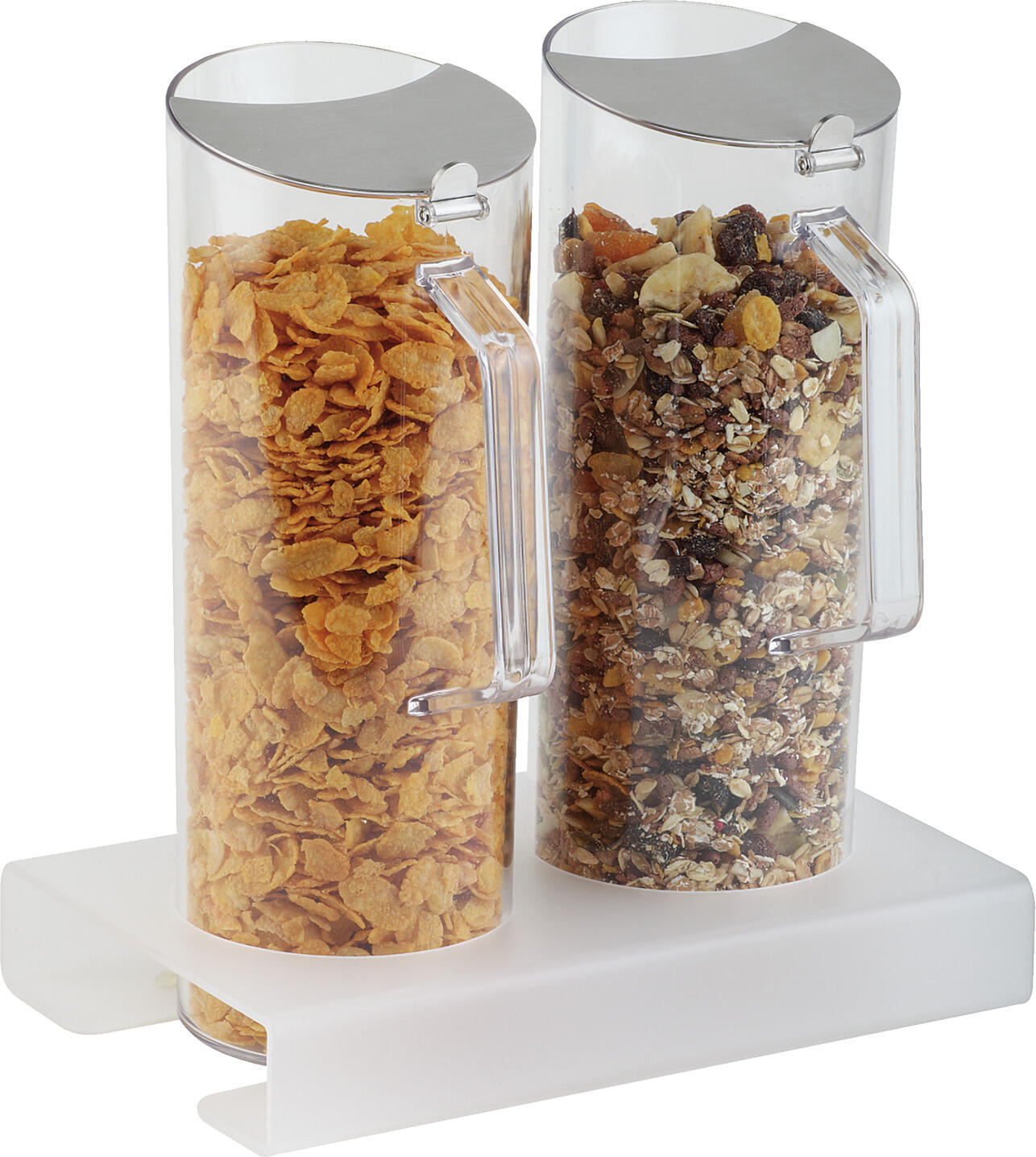 APS Assheuer + Pott GmbH & Co. KG Cereals bar Cerealien-Bar Adiago Cereals bar; 1500 ml, 26x4x16.5 cm (WxHxD); transparent; rectangular Cerealien-Bar Adiago; 1500 ml, 26x4x16.5 cm (BxHxT); transparent; rechteckig Buffet set for muesli and co. Includes two 10 cm diameter acrylic glass carafes with airtight lids and a plastic stand. Die Cerealien-Bar ist eine praktische Lösung für Frühstücksbuffet, Gastronomie, Hotellerie und den privaten Gebrauch. Das Set ermöglicht eine hygienische und ansprechende Präsentation von Cerealien, Müsli oder trockenen Snacks. Die Karaffen lassen sich komfortabel befüllen und ausgießen, während passende Frischhaltedeckel den Inhalt geschützt aufbewahren. Der gefrostete Ständer sorgt für eine moderne und übersichtliche Präsentation. * Material: Acryl, SAN, Edelstahl und PP * Set mit Ständer, Cerealien-Karaffen und Frischhaltedeckeln * Für Cerealien, Müsli und trockene Snacks * Hygienische Präsentation und Aufbewahrung * Spülmaschinengeeignet