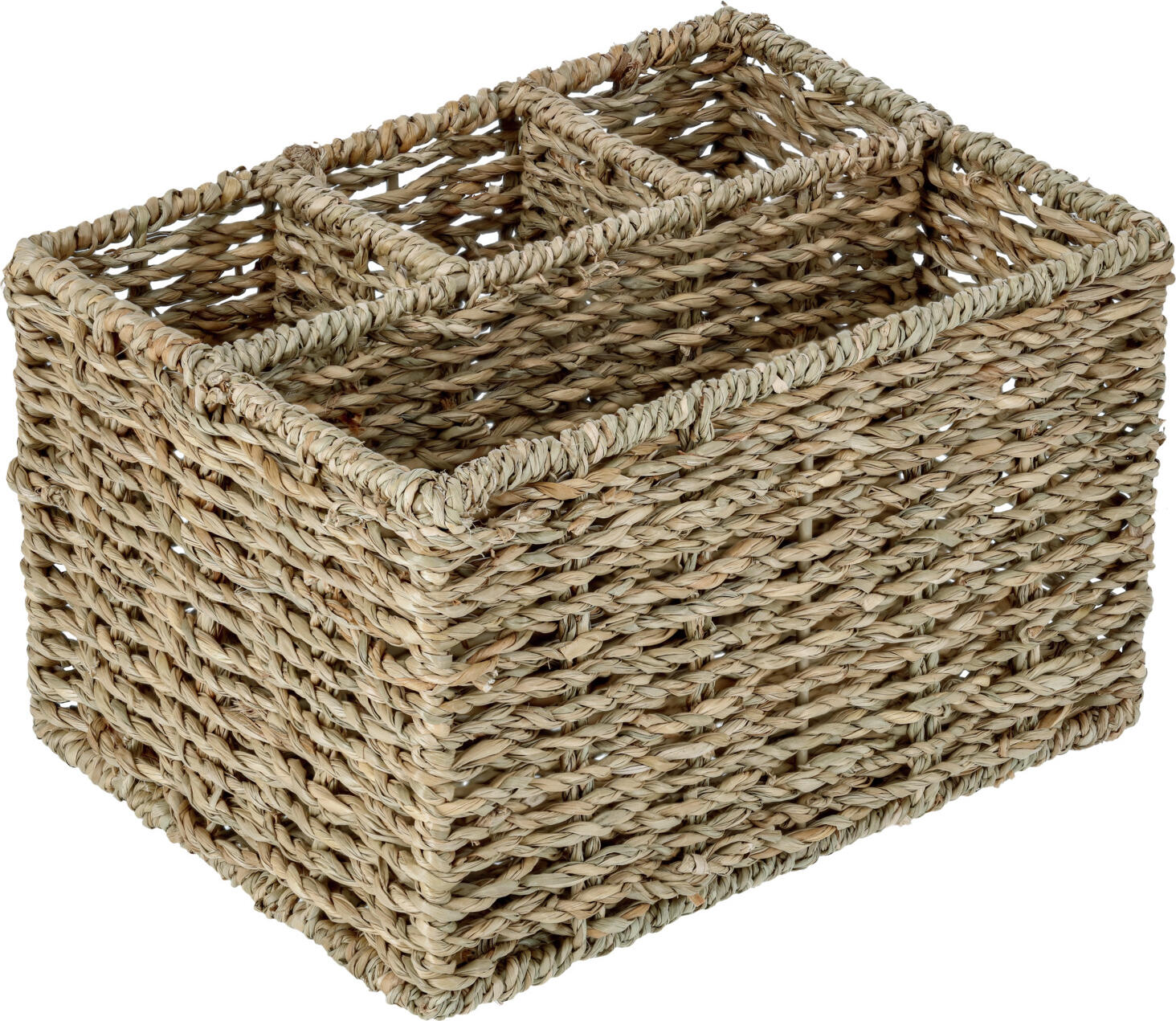 PULSIVA Händel Cutlery Container, Braided Seagrass Organizer with 4 Internal Compartments, Food-Safe Tableware Holder, 23 x 17 x 14 cm