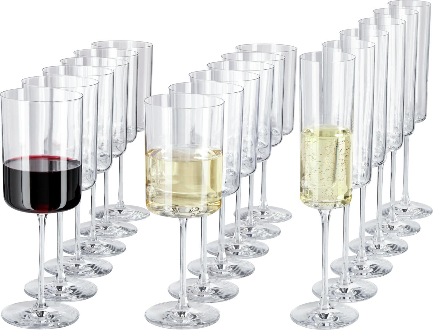 VEGA LUSINI Solutions GmbH Set of glasses Lya 18-piece Gläser-Set Lya 18-teilig Set of glasses Lya 18-piece; 23 cm (H); transparent Gläser-Set Lya 18-teilig; 23 cm (H); transparent 18-piece set consisting of six of each: red wine, white wine and champagne glasses. Dishwasher safe. 18-tlg. Set aus jeweils sechs Rotwein-, Weißwein-, und Sektgläsern. Spülmaschinenfest.