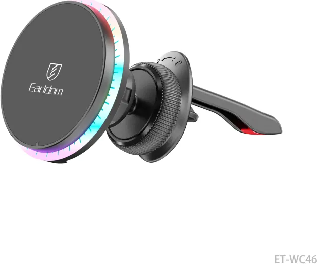 Earldom ET-WC46 MagSafe Wireless Car Charger, 10W Fast Charging, 360-Degree Rotation, Air Vent Hook Mount, RGB Lighting Ring, Black