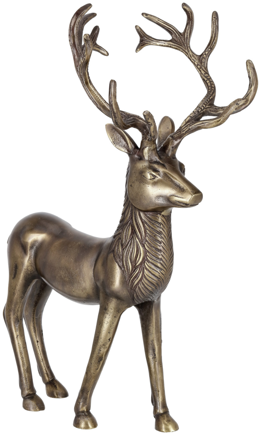 unknown LUSINI Solutions GmbH Decorative deer Deer M Deko-Hirsch Deer M Decorative deer Deer M; 20.5x45.75x30.5 cm (WxHxD); golden Deko-Hirsch Deer M; 20.5x45.75x30.5 cm (BxHxT); gold Standing deer made of high-quality aluminum. Antlers must be mounted. Stehender Hirsch aus hochwertigem Aluminium. Geweih muss montiert werden.