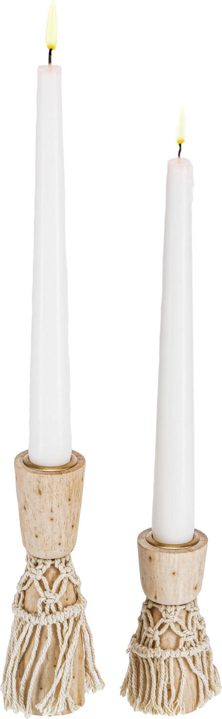 Vega Mirai Taper Candle Holder Set, Wood and Metal Pointed Candle Holders with Cotton Decoration, Brown, 2 Pieces (10 cm and 14.5 cm)