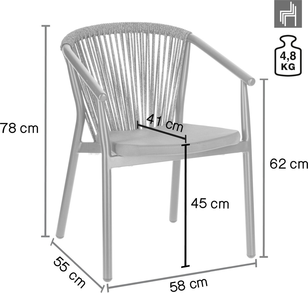 VEGA Calvo II Outdoor Stacking Chair, Powder-Coated Aluminum Frame, Rope Wickerwork Backrest, Weatherproof and UV-Resistant, 58x60x79 cm