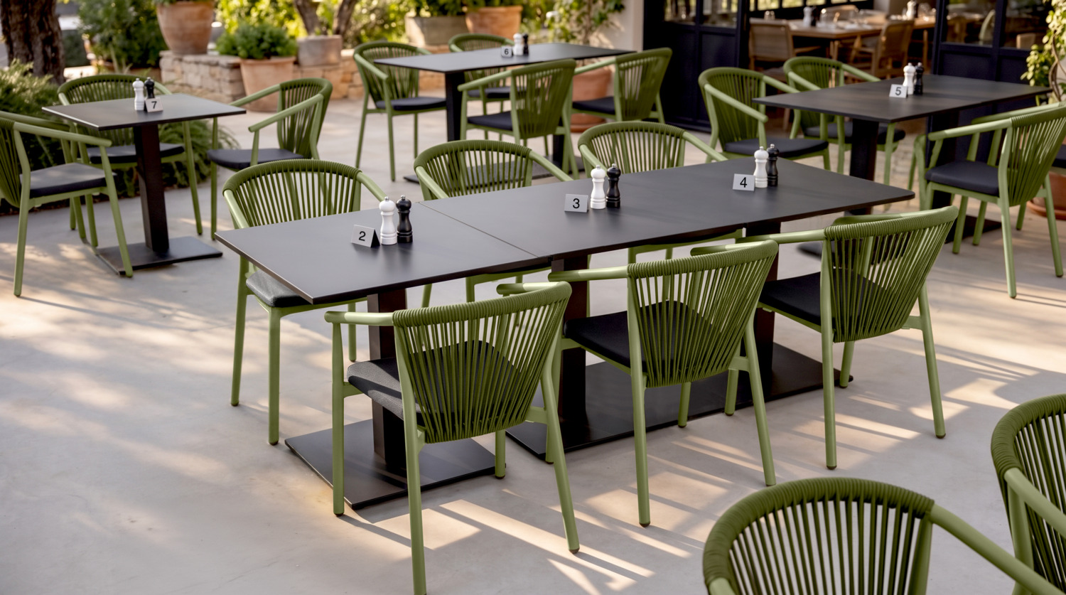 VEGA Calvo II Outdoor Stacking Chair, Powder-Coated Aluminum Frame, Rope Wickerwork Backrest, Weatherproof and UV-Resistant, 58x60x79 cm