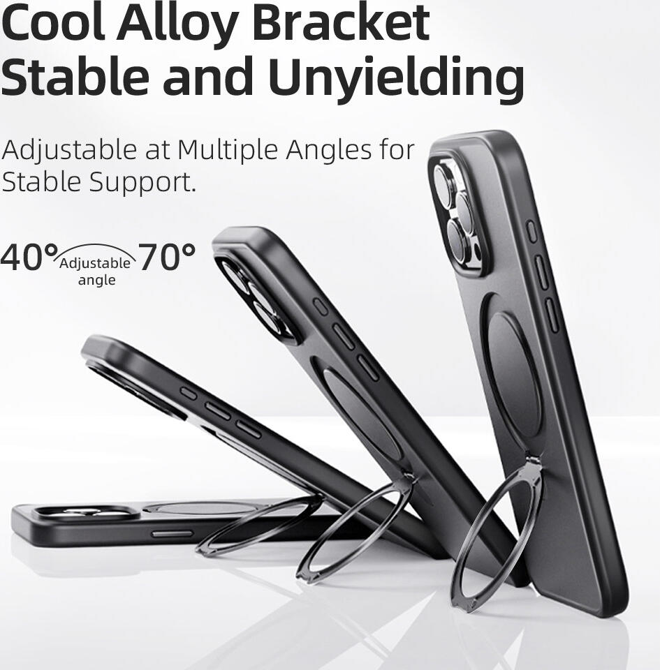 Rock Guard Foldable MagSafe Case for iPhone 15 Pro, Protective Cover with Integrated Alloy Ring Stand, Adjustable 40-70 Degree Angle Bracket