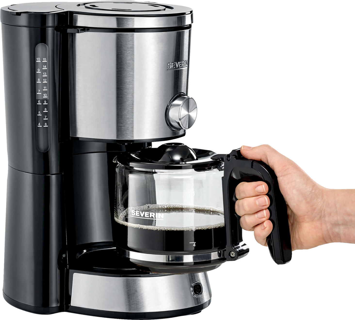 Severin KA 4825 Filter Coffee Machine, 1000W, 1.25L Glass Jug, AromaSwitch for Adjustable Strength, Drip Stop and Keep-Warm Function, Silver/Black