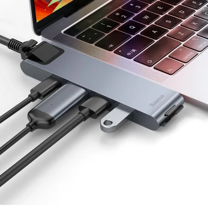 Док-станция Baseus Thunderbolt C+Pro 7-in-1 CAHUB-L0G, USB-C 40Гбит/с, HDMI 4K@60Гц, PD 87Вт, Gigabit Ethernet, картридер SD/TF, алюминиевый корпус