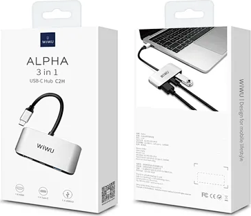 WiWU Alpha C2H 3-in-1 USB-C Hub, 4K HDMI, USB 3.0 5Gbps, 100W Power Delivery PD, Aluminum Alloy Shell, Gray