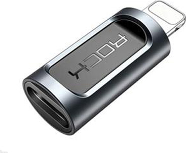 Rock USB-C Female to Lightning Male Adapter, 5V/2.4A Fast Charging and Data Sync, Compact Metallic Housing with Integrated Keychain Loop for Apple