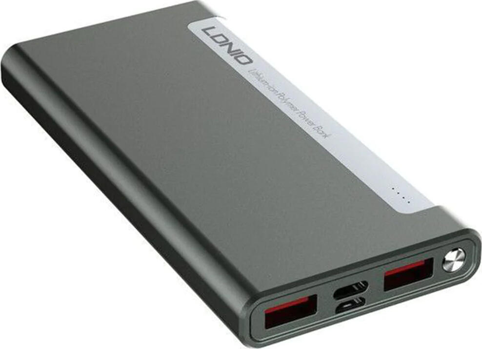 Power Bank Ldnio PQ1019 10000mAh 15W Ultra-Slim, Incarcator Portabil cu porturi USB-C, Micro-USB, 2x USB-A si 4 indicatori LED, Gri