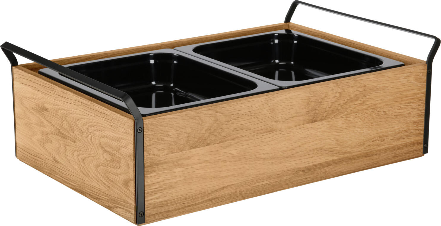 Vitrină frigorifică VEGA Esino Tavă de răcire pentru bufet GN 1/1 cu bază din lemn de stejar și 2 recipiente GN 1/2 din melamină neagră, 61.9x38.6x20.9 cm