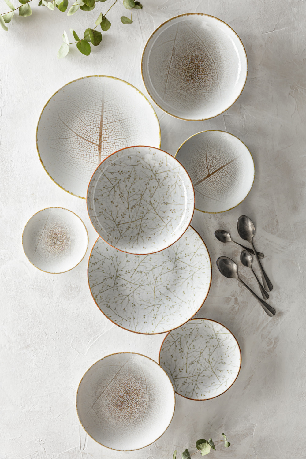 VEGA Eden Deep Plate, Hard Porcelain Round Soup Bowl, 5 cm Height, Digital Leaf Pattern, White/Beige, Dishwasher and Microwave Safe, Chip and Scratch Resistant
