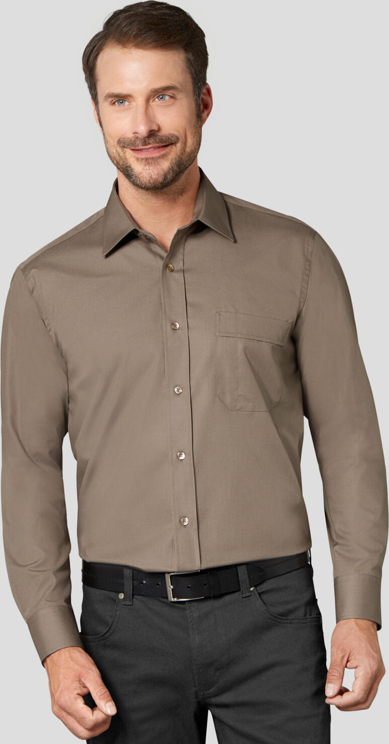 Jobeline Marc Men's Long Sleeve Shirt, 100% Cotton, Kent Collar, Patch Breast Pocket with Pen Slot, Straight Cut, Extra Long Back, Taupe