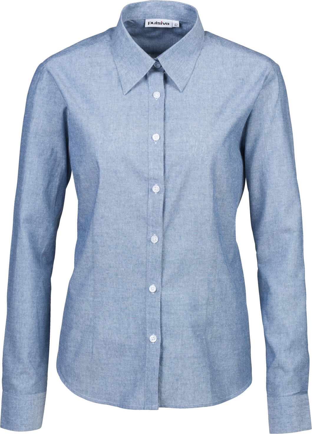 Pulsiva Branda Women's Blouse, 100% Cotton Chambray Fabric, Long Sleeve, Fitted Shape, Button Placket and Cuffs
