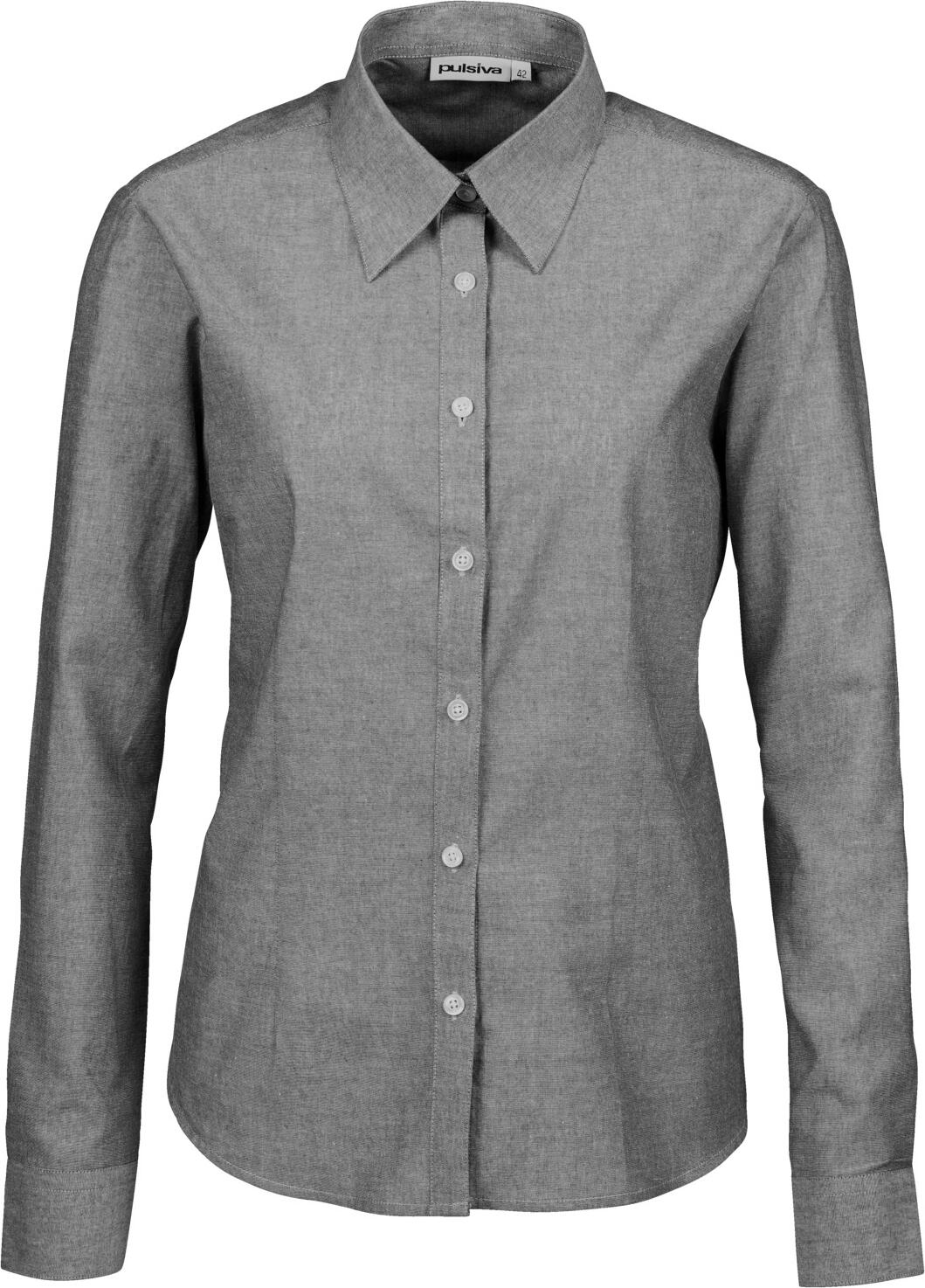 PULSIVA LUSINI Solutions GmbH Women's blouse Branda long sleeve Damenbluse Branda Langarm Women's blouse Branda long sleeve; Size 48/50; anthracite Damenbluse Branda Langarm; Kleidergröße 48/50; anthrazit 100 % cotton. 60 °C wash. Modern women's blouse in chambray with long sleeves, button placket and 1-button cuffs. Also available with three-quarter sleeves. Fitted shape. Back length: 69 cm for size S. 100 % Baumwolle. 60°-Wäsche. Moderne Damenbluse in Chambray mit Langarm, Knopfleiste und 1-Knopf-Manschette. Auch mit Dreiviertelarm erhältlich. Taillierte Form. Rückenlänge: 69 cm in Gr S