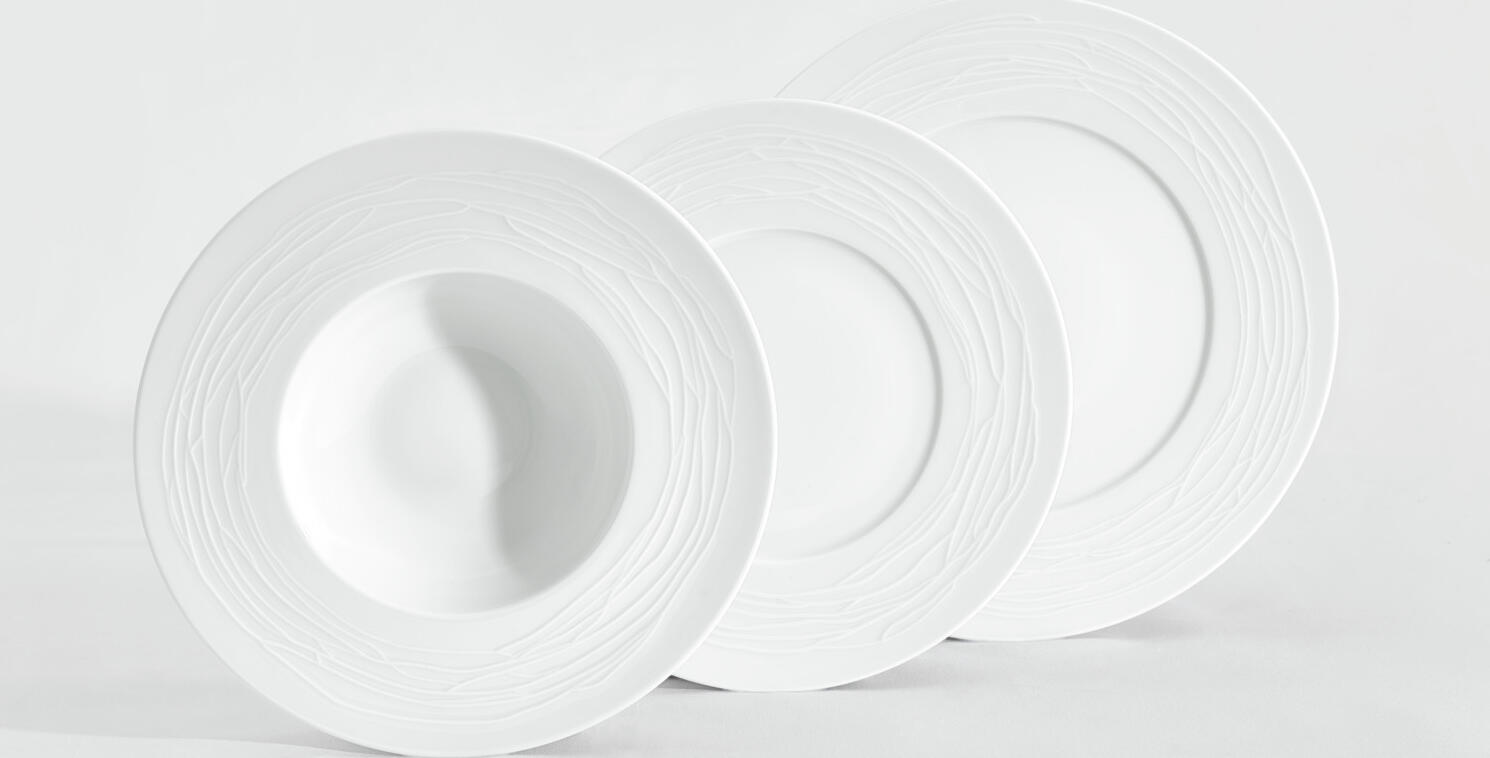 VEGA Taifun Porcelain Flat Plate, 6 pcs, White with Extravagant Relief Rim Pattern, Dishwasher and Microwave Safe