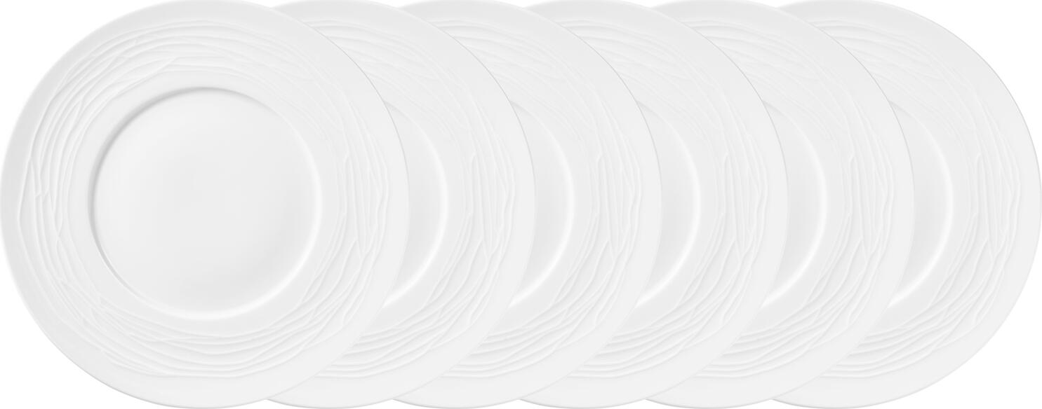 VEGA Taifun Porcelain Flat Plate, 6 pcs, White with Extravagant Relief Rim Pattern, Dishwasher and Microwave Safe