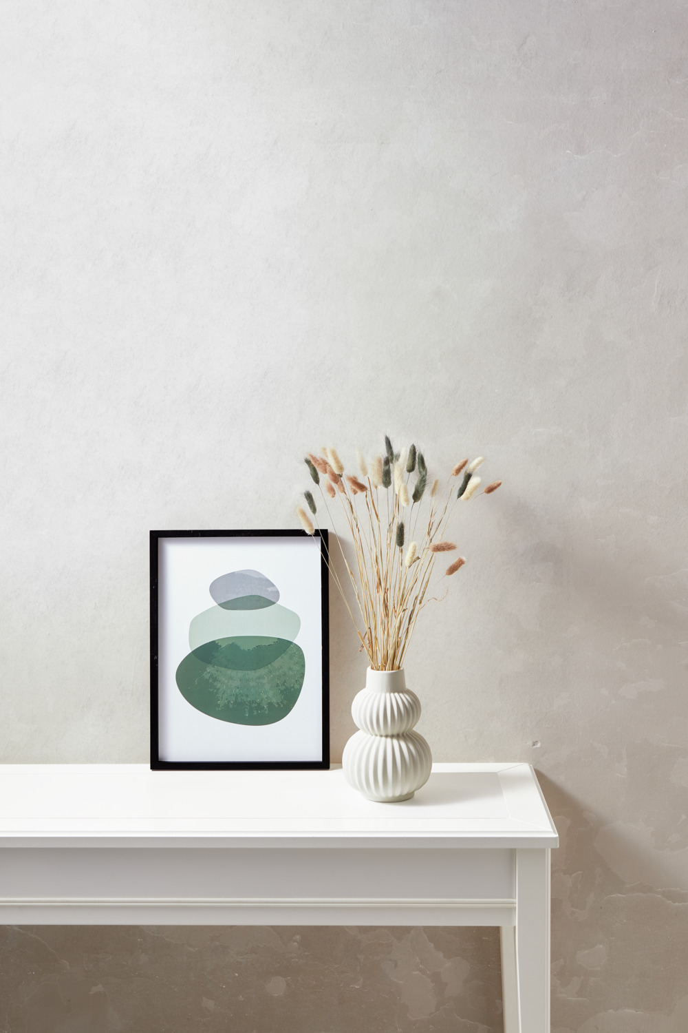 LUSINI Arvid Wall Art, Abstract Organic Design, 30 x 40 cm, Wooden Frame, Green and Grey on White Background, Includes Hanger