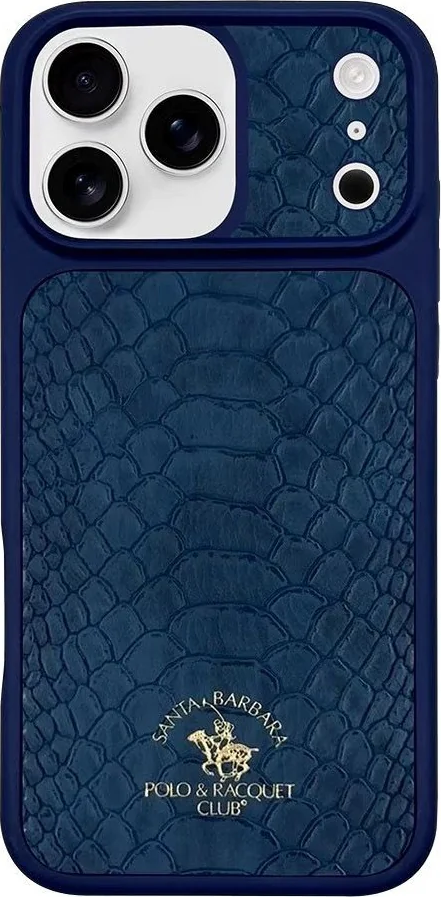 Santa Barbara Polo & Racquet Club Knight Phone Case for iPhone 17 Pro Series, Blue, Textured Reptile Snakeskin Pattern with Embossed Logo, Protective Cover
