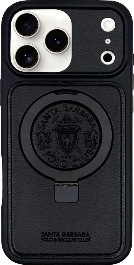Santa Barbara Polo & Racquet Club Premium Textured Leather Case for Apple iPhone 17 Pro, Black, Slim Protective Cover with Integrated Ring Holder Stand
