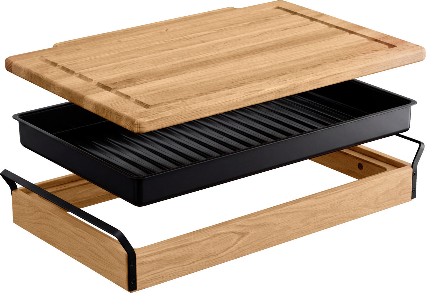 VEGA Esino Bread Slicing Station GN 1/1, Solid Oiled Oak Wood Cutting Board and Plastic Tray, 61.9 x 38.6 x 10.9 cm, Oak/Black