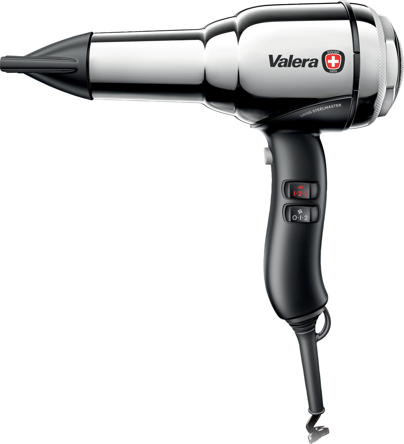 Valera Ligo Electric SA Hair dryer Swiss Steel-Master 1800 Light Push Chrome Haartrockner Swiss Steel-Master 1800 Light Push Chrome Hair dryer Swiss Steel-Master 1800 Light Push Chrome; 9.2x28.8x27.7 cm (WxHxD); silver Haartrockner Swiss Steel-Master 1800 Light Push Chrome; 9.2x28.8x27.7 cm (BxHxT); silber Iconic metal hairdryer made of chrome-plated premium steel. Power: 1800 watts. Six combinations of temperature and fan, spiral cable and extra narrow hairdryer nozzle. Removable metal filter for regular cleaning, thermal switch with automatic reset, on/off switch and cool-down button. Ikonischer Metallhaartrockner aus verchromten Premium-Stahl. Leistung: 1800 Watt. Sechs Kombinationen von Temperatur und Gebläse, Spiralkabel und extra schmale Föhndüse. Abnehmbarer Metallfilter für regelmäßige Reinigung, Thermoschalter mit automatischer Rückschaltung, Ein/Ausdruckschalter und Abkühltaste.