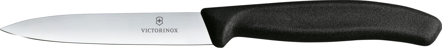 Victorinox Victorinox AG Paring knife Swiss Classic straight Gemüsemesser Swiss Classic gerade Paring knife Swiss Classic straight; Blade length 10 cm, 21.2 cm (L); silver/black; 6 piece / pack Gemüsemesser Swiss Classic gerade; Klingenlänge 10 cm, 21.2 cm (L); silber/schwarz; 6 Stück / Pack SWISS CLASSIC COLORFUL TOOLS FOR EVERY APPLICATION - Light, agile and colorful knives from Switzerland - Ergonomically shaped handles for effortless work - Dishwasher-safe stainless steel blades When developing the Victorinox Swiss Classic collection, no kitchen task, no matter how big or small, was overlooked. Made in Switzerland from high-quality stainless steel, the knives are easy to hold and dishwasher-safe. A selection of colorful handles brings color to the kitchen. The collection also offers practical knife blocks and gift sets. Who said that functionality can't be fun? There's nothing this versatile collection doesn't have. Material handle: Polypropylene has good strength, rigidity and hardness. It can be sterilized and can withstand temperatures of up to 100°C. SWISS CLASSIC FARBENFROHE WERKZEUGE FÜR JEDE ANWENDUNG - Leichte, wendige und farbenfrohe Messer aus der Schweiz - Ergonomisch geformte Griffe für müheloses Arbeiten - Spülmaschinengeeignete Klingen aus rostfreiem Stahl Bei der Entwicklung der Victorinox Swiss Classic Kollektion wurde keine noch so kleine oder große Küchenaufgabe außer Acht gelassen. Die in der Schweiz gefertigten Messer aus hochwertigem rostfreien Stahl liegen leicht in der Hand und sind spülmaschinengeeignet. Eine Auswahl an bunten Griffen bringt Farbe in die Küche. Zusätzlich bietet die Kollektion praktische Messerblöcke und Geschenksets. Wer hat gesagt, dass Funktionalität nicht auch Spaß machen kann? Es gibt nichts, was es in dieser vielseitigen Kollektion nicht gibt. Material Griff: Polypropylen hat eine gute Festigkeit, Steifigkeit und Härte. Es kann sterilisiert werden und hält Temperaturen von bis zu 100 °C stand.