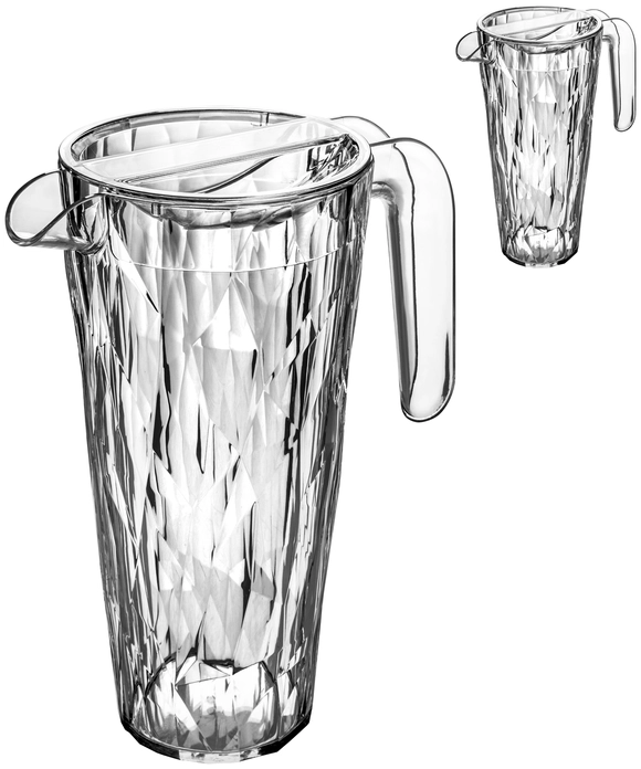 Pitcher Koziol Club Superglas 1.5L din Plastic Tehnologic Innespurtabil, Design Facetat Rezistent la Impact cu Capac Rotativ, Transparent