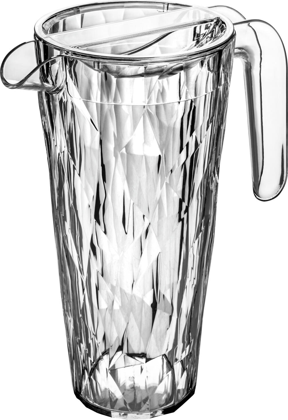Pitcher Koziol Club Superglas 1.5L din Plastic Tehnologic Innespurtabil, Design Facetat Rezistent la Impact cu Capac Rotativ, Transparent