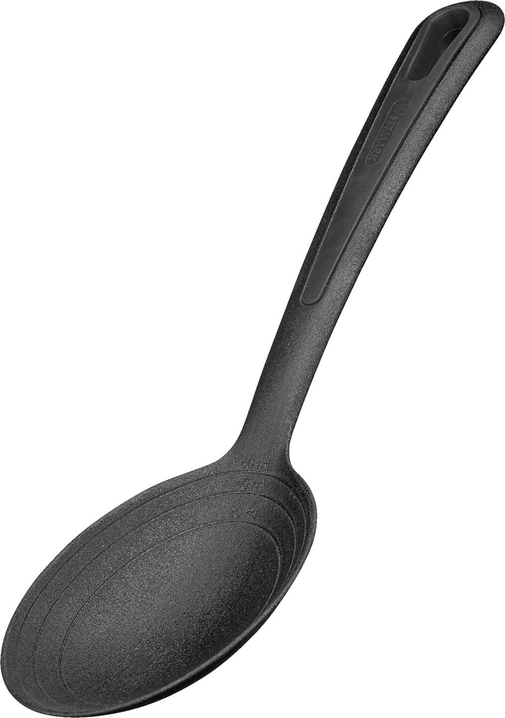 Westmark Westmark GmbH Salad spoon Gentle Salatlöffel Gentle Salad spoon Gentle; 29.5x8.4x4 cm (LxWxH); black Salatlöffel Gentle; 29.5x8.4x4 cm (LxBxH); schwarz Salad spoon with large rounded spoon bowl. 20, 40 and 60 ml markings on the inside. Shortened handle for optimal ease of use. Suitable for dishwasher. Salatlöffel mit großer Löffelmulde. Innenliegende Skala mit 20, 40 und 60 ml. Verkürzter Griff für optimales Handling. Spülmaschinengeeignet.