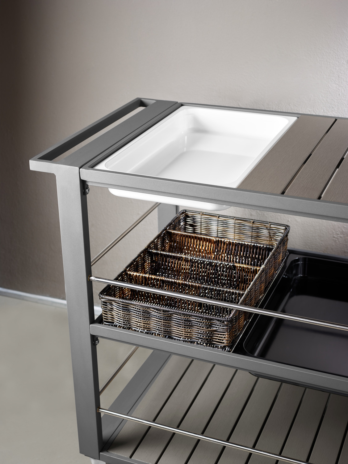 APS Aventuro Cutlery Holder GN 1/1, 4 Compartments, Polypropylene and Stainless Steel, Hand-Woven Design, Dishwasher Safe, 53 x 32.5 x 9 cm