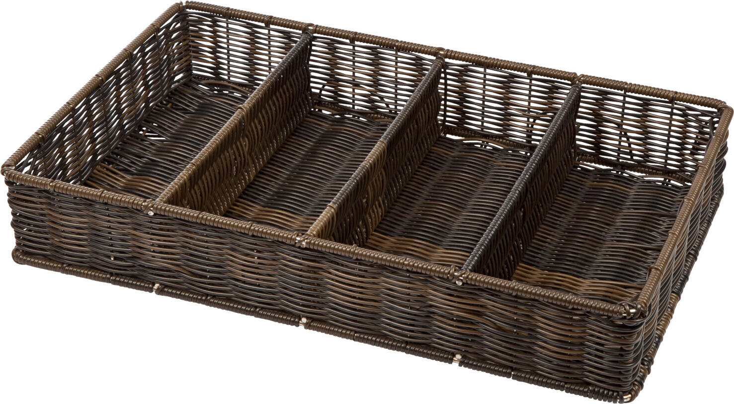 APS Assheuer + Pott GmbH & Co. KG Cutlery holder Aventuro Besteckbehälter Aventuro Cutlery holder Aventuro; 53x32.5x9 cm (LxWxH); brown/black Besteckbehälter Aventuro; 53x32.5x9 cm (LxBxH); braun/schwarz Polypropylene cutlery tray. GN 1/1. Hand woven with four compartments. Der GN 1/1 Besteckbehälter Aventuro aus Polypropylen ist eine praktische Lösung für Gastronomie, Hotellerie, Buffet und Selbstbedienungsbereiche. Er eignet sich ideal zur übersichtlichen Sortierung und Bereitstellung von Besteck. Die Einteilung in mehrere Fächer unterstützt strukturierte Arbeitsabläufe und eine ordentliche Präsentation. Der Edelstahldraht ergänzt die stabile Ausführung und sorgt für zuverlässige Handhabung im täglichen Einsatz. * Material: Polypropylen und Edelstahl * Mit mehreren Fächern * GN-System geeignet * Für Besteck und Servicestationen geeignet * Spülmaschinengeeignet