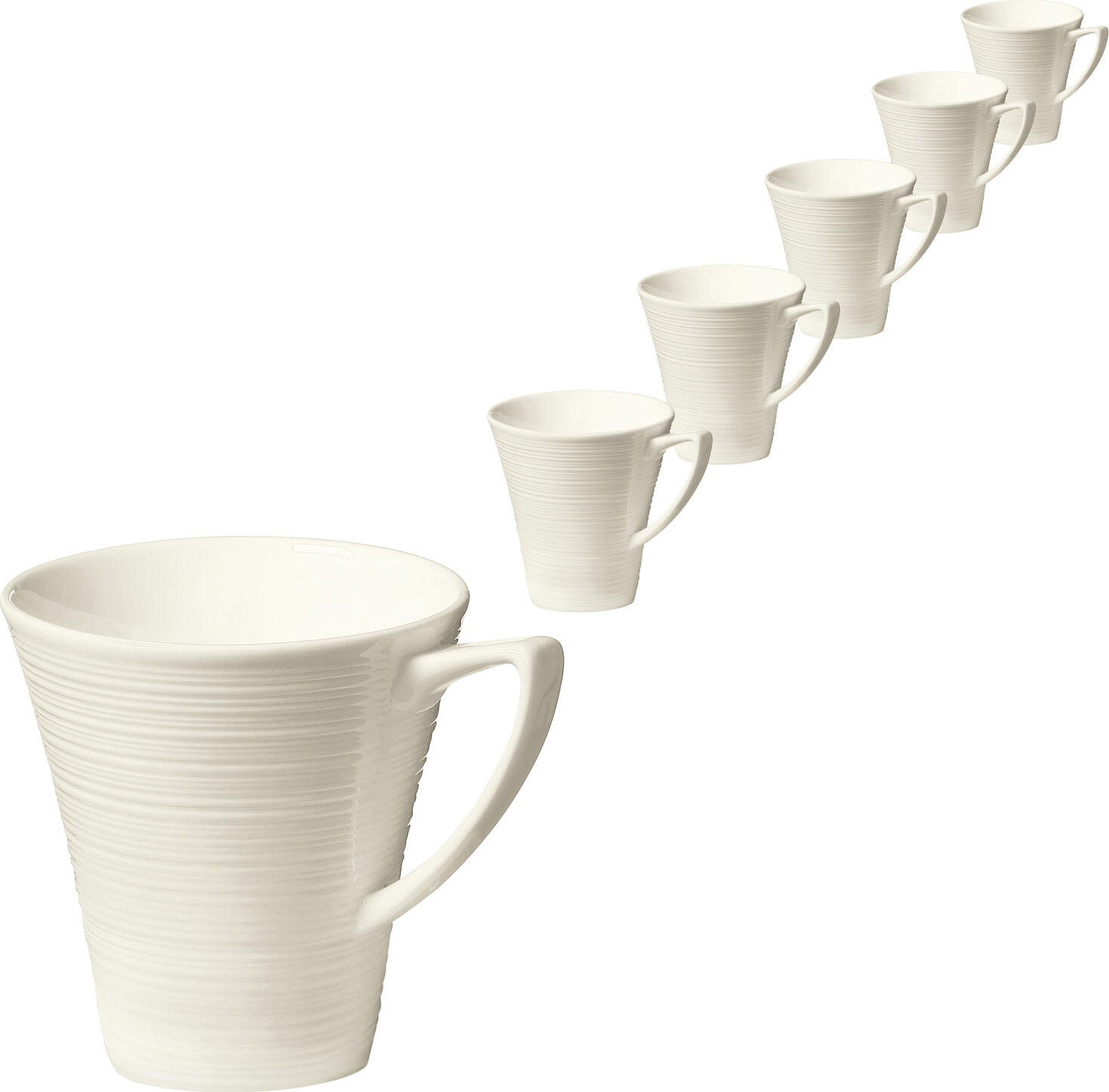 VEGA Skyline Bone China Coffee Mug, 300 ml, 9.3 cm Diameter, Handle, Cream White, Modern Ribbed Texture, Brilliant Glaze, Dishwasher and Microwave Safe, Set of 6
