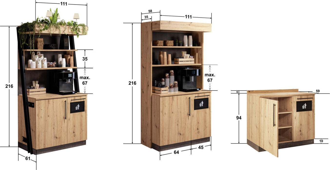 VEGA Baristo Basic Serving Station, Antique Oak Wood-based Panels, 110x61x99.5 cm, 80kg Load, 20L Waste Bin, Integrated Waste Flap, Professional Service Point