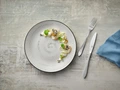 VEGA Fungio Round Porcelain Flat Plate, 27 cm, 4 pieces, White with Black Decorative Rim and Speckles, Vintage Hand-Painted Spiral Pattern, Dishwasher and Microwave Safe