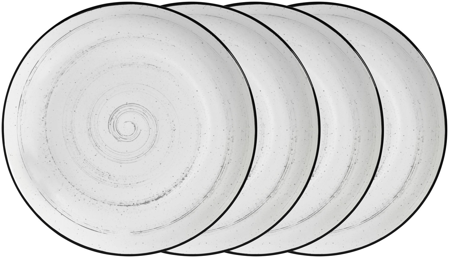 VEGA Fungio Round Porcelain Flat Plate, 27 cm, 4 pieces, White with Black Decorative Rim and Speckles, Vintage Hand-Painted Spiral Pattern, Dishwasher and Microwave Safe