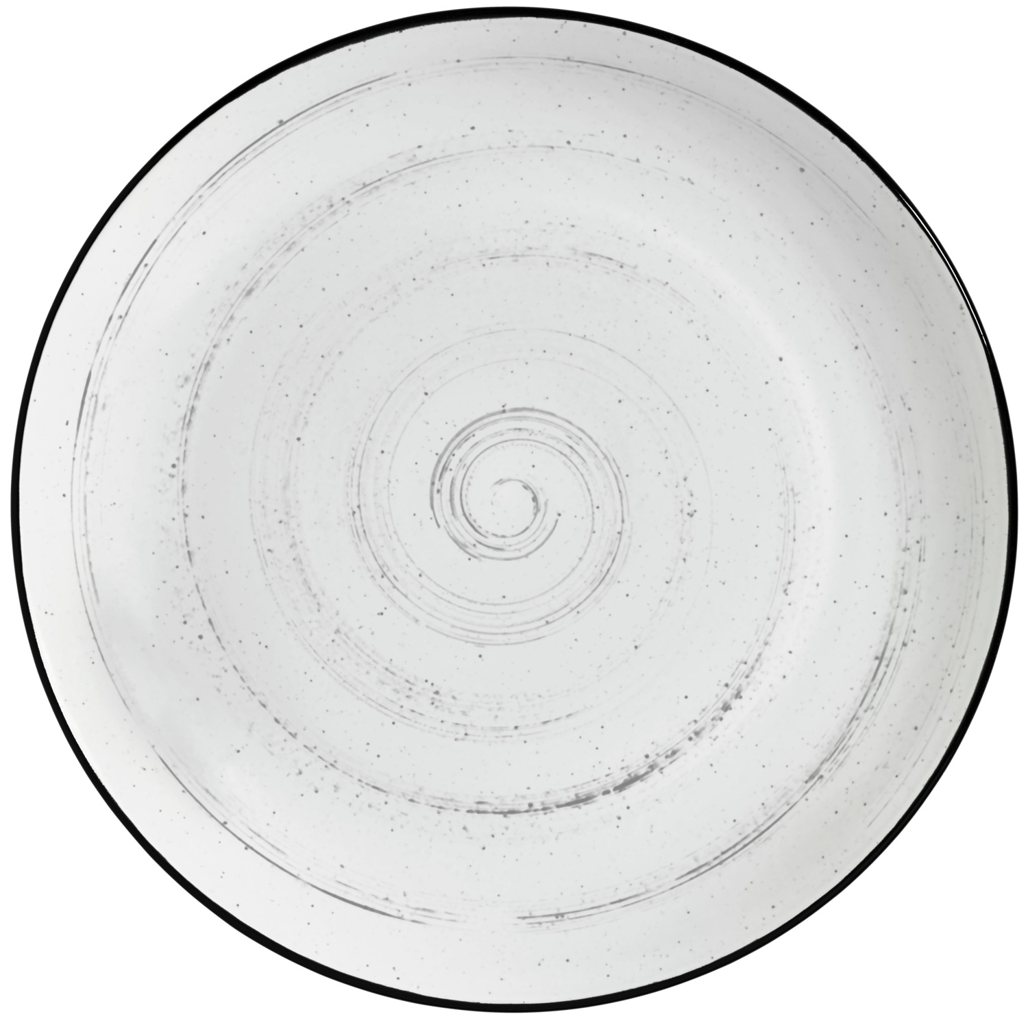 VEGA Fungio Round Porcelain Flat Plate, 27 cm, 4 pieces, White with Black Decorative Rim and Speckles, Vintage Hand-Painted Spiral Pattern, Dishwasher and Microwave Safe