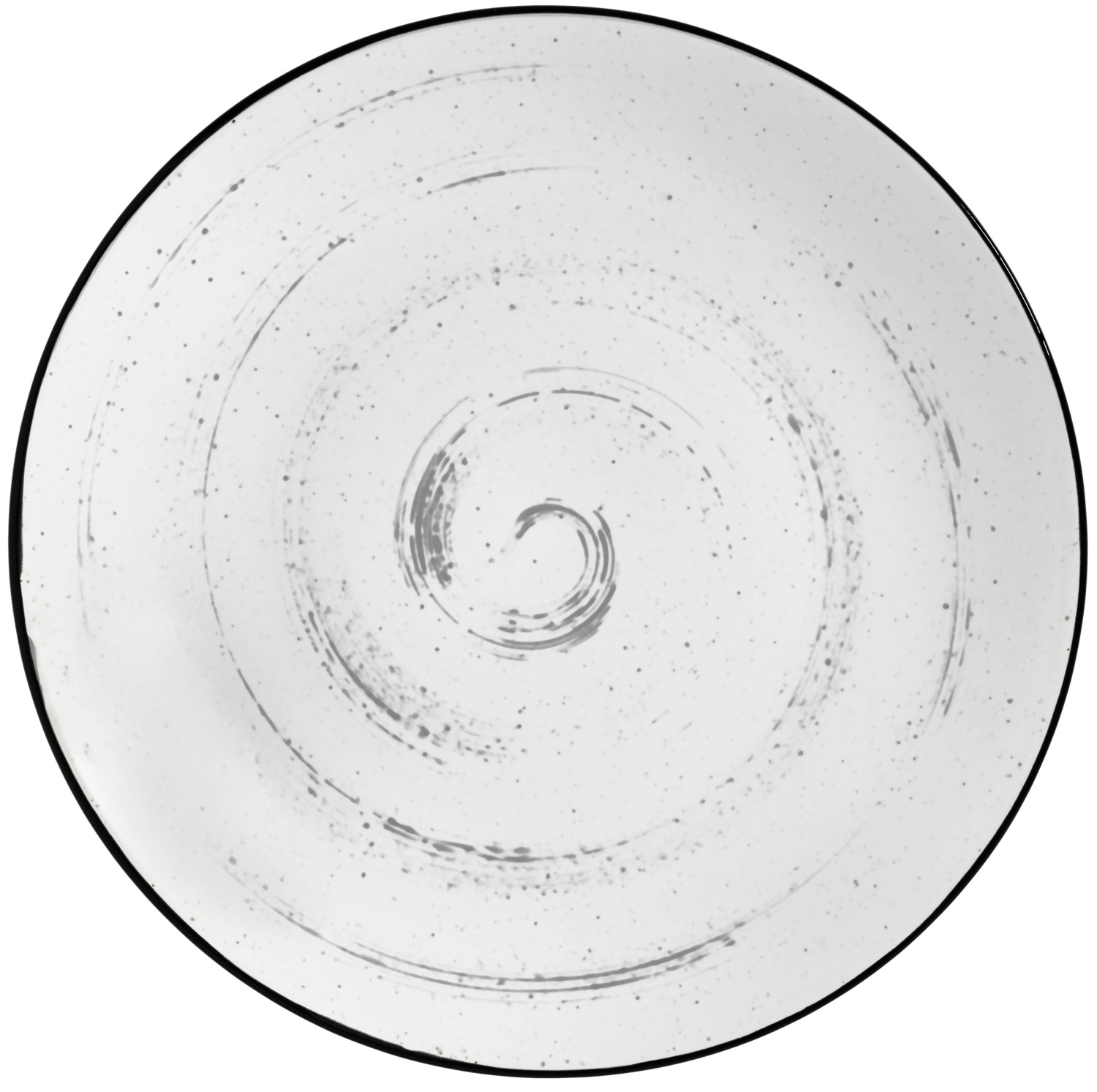 VEGA Fungio Round Porcelain Flat Plate, 21.5 cm, 6 pieces, White with Black Decorative Rim and Speckles, Vintage Hand-Painted Spiral Pattern, Dishwasher and Microwave Safe