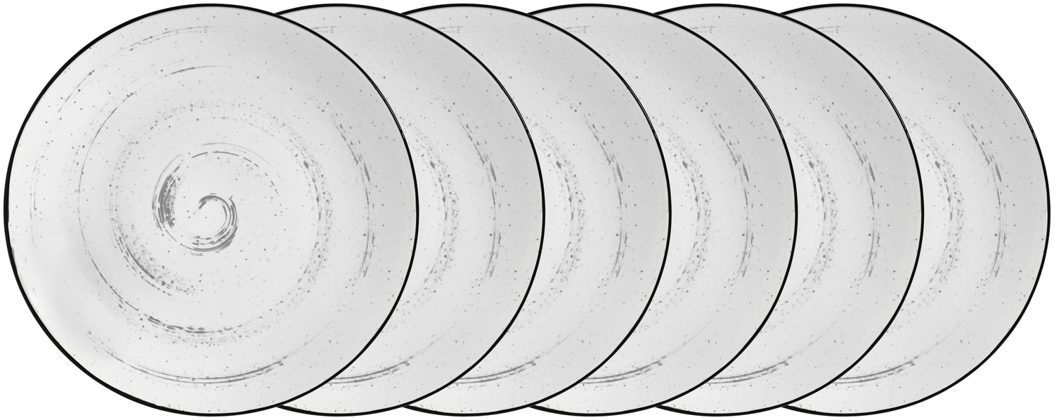 VEGA Fungio Round Porcelain Flat Plate, 21.5 cm, 6 pieces, White with Black Decorative Rim and Speckles, Vintage Hand-Painted Spiral Pattern, Dishwasher and Microwave Safe