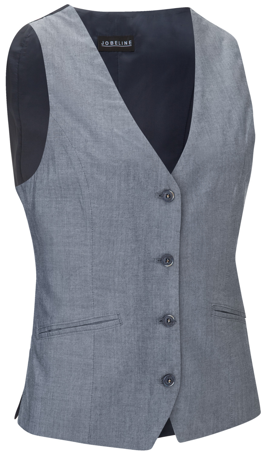 Vest Jobeline Blake pentru femei din chambray, mărime 38, 100% bumbac, cu 4 nasturi, bară de reglaj în talie, aspect spălat