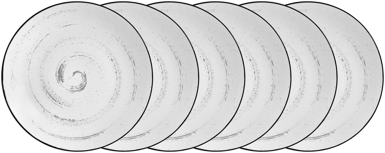 VEGA Fungio Round Porcelain Flat Plate, 17 cm, 6 pieces, White with Black Decorative Rim and Speckles, Vintage Hand-Painted Spiral Pattern, Dishwasher and Microwave Safe