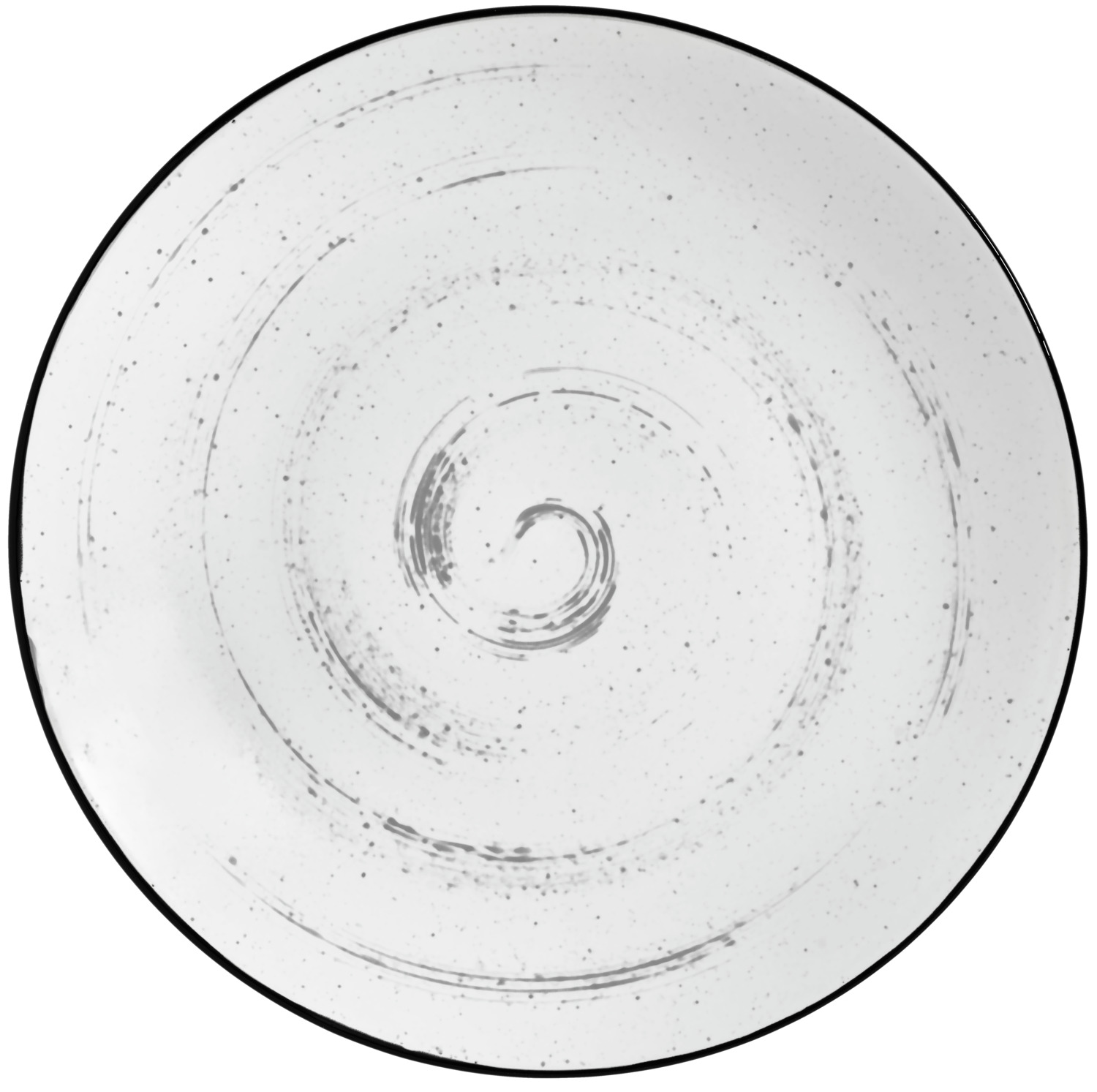 VEGA Fungio Round Porcelain Flat Plate, 17 cm, 6 pieces, White with Black Decorative Rim and Speckles, Vintage Hand-Painted Spiral Pattern, Dishwasher and Microwave Safe