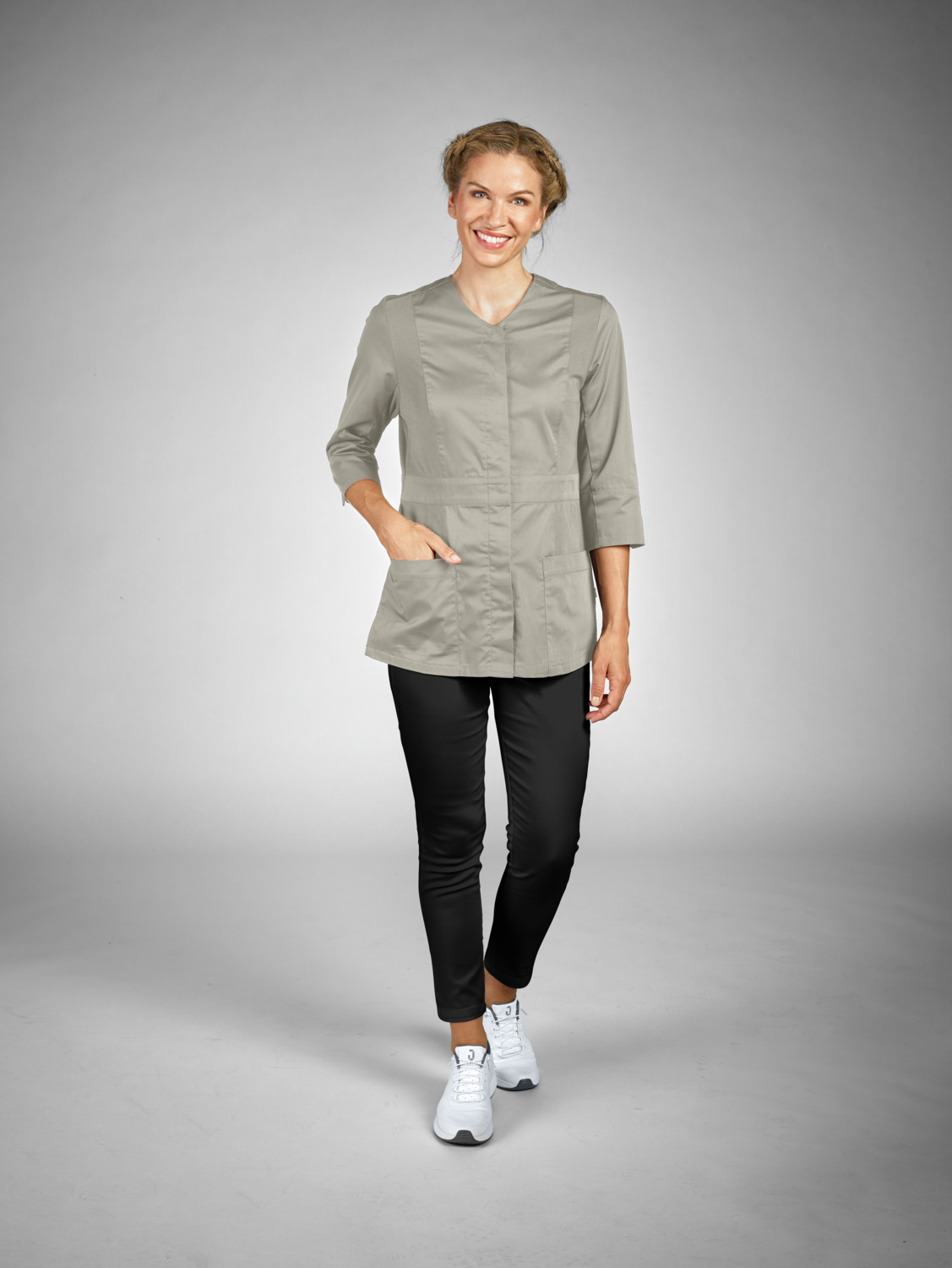 Jobeline Paloma Women's Tunic, 65% Polyester 35% Cotton, V-Neck, 3/4 Sleeves with Piqué Detail, Two Patch Pockets, Stone-Grey