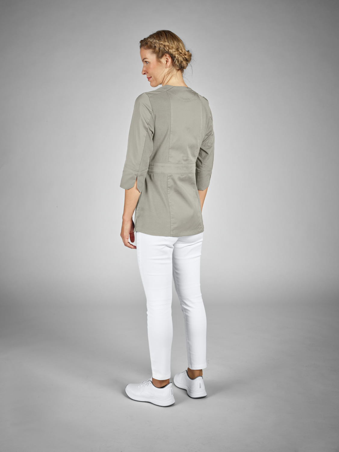 Jobeline Paloma Women's Tunic, 65% Polyester 35% Cotton, V-Neck, 3/4 Sleeves with Piqué Detail, Two Patch Pockets, Stone-Grey