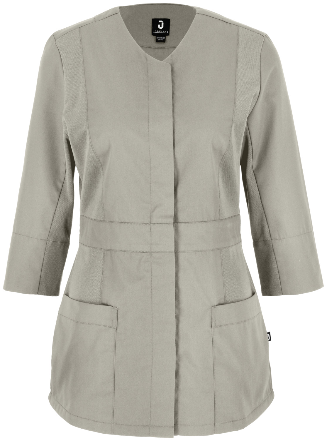 JOBELINE LUSINI Solutions GmbH Women's tunic Paloma three-quarter sleeve Damen Kasack Paloma Dreiviertelarm Women's tunic Paloma three-quarter sleeve; Size 44; stone-grey Damen Kasack Paloma Dreiviertelarm; Kleidergröße 44; steingrau 65% polyester, 35% cotton. 200 g/m². 60°C wash. Elegant women's tunic made from an extra-light and breathable fabric with concealed snap button placket at the front for closing. With a slightly rounded V-neckline and two large patch pockets above the hem. The side parts and the lower part of the three-quarter-length sleeves, which are slit at the hem, are made from a breathable and stretchy piqué material. This not only ensures an extremely comfortable fit, but also a particularly high level of breathability. With a slightly rounded hem and side slits. With an extra long back. Back length: 72 cm for size 36. 65 % Polyester, 35 % Baumwolle. 150 g/m². 60°-Wäsche. Eleganter Damenkasack aus einem extraleichten und atmungsaktiven Gewebe mit verdeckter Druckknopfleiste im Vorderteil zum Schließen. Mit leicht gerundetem V-Ausschnitt, sowie zwei großen aufgesetzten Taschen über dem Saum. Die Seitenteile, als auch der untere Teil der dreiviertellangen, am Saum geschlitzten Ärmel, bestehen aus einem atmungsaktiven und elastischem Piqué Material. Die sorgt nicht nur für eine äußerst bequeme Passform, sondern auch für eine besonders hohe Atmungsaktivität . Mit leicht gerundetem Saum und seitlichen Schlitzen. Mit extra langer Rückenlänge. Rückenlänge: 72 cm in Gr. 36